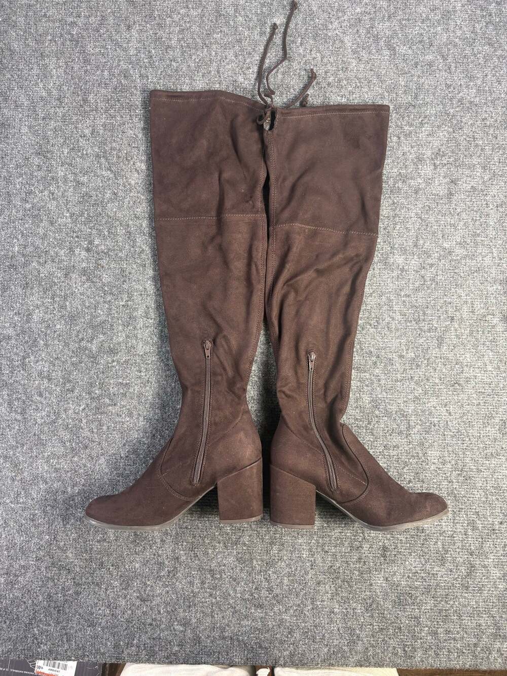 Womens Brown Faux Suede Over Knee Boots Block Heel Side Zip Drawstring Tall